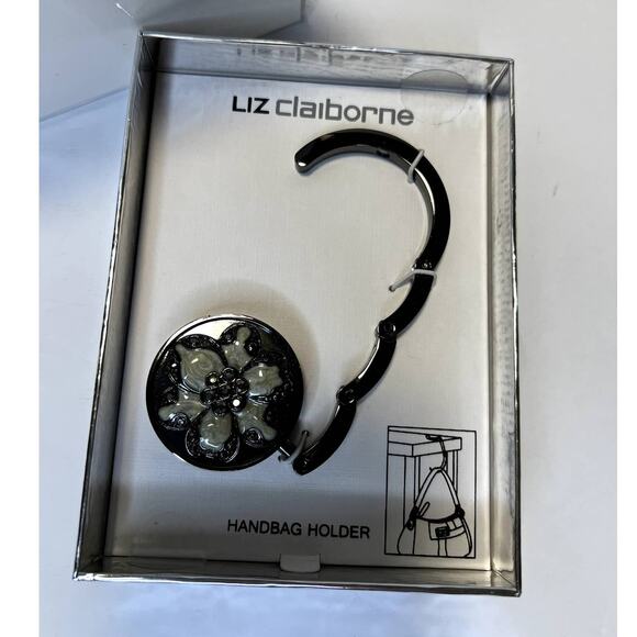 Liz Claiborne Handbag Holder Hook Silver Tone Floral Flower Rhinestone NWT - Picture 5 of 6